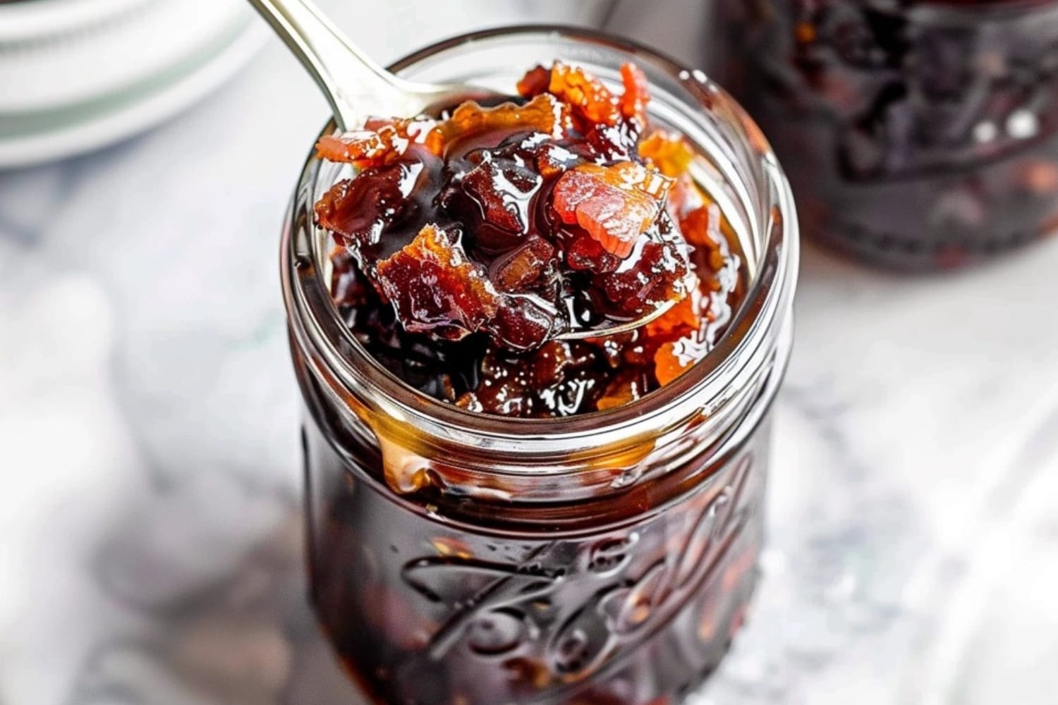 Bourbon bacon jam in mason jar scooped with a spoon.